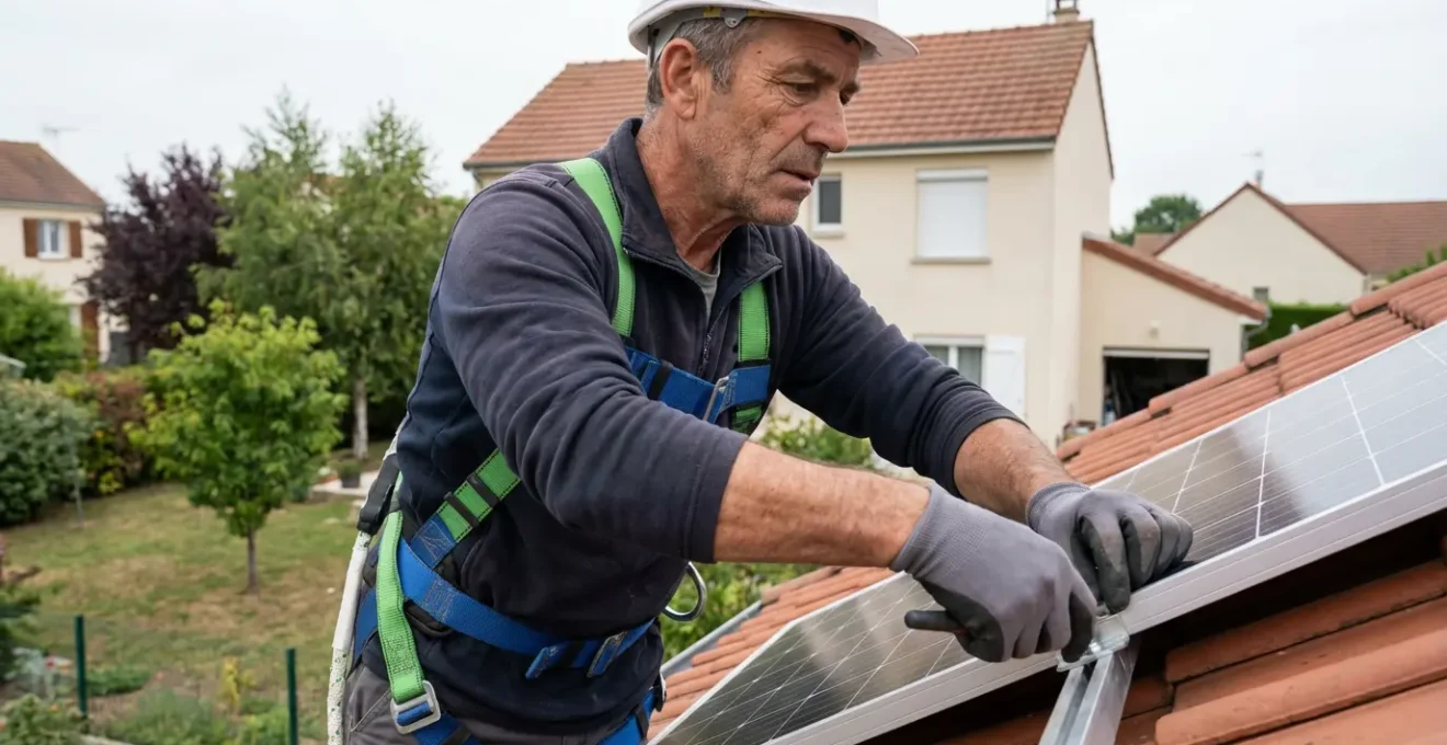 Technicien installant un panneau solaire sur toiture de maison individuelle