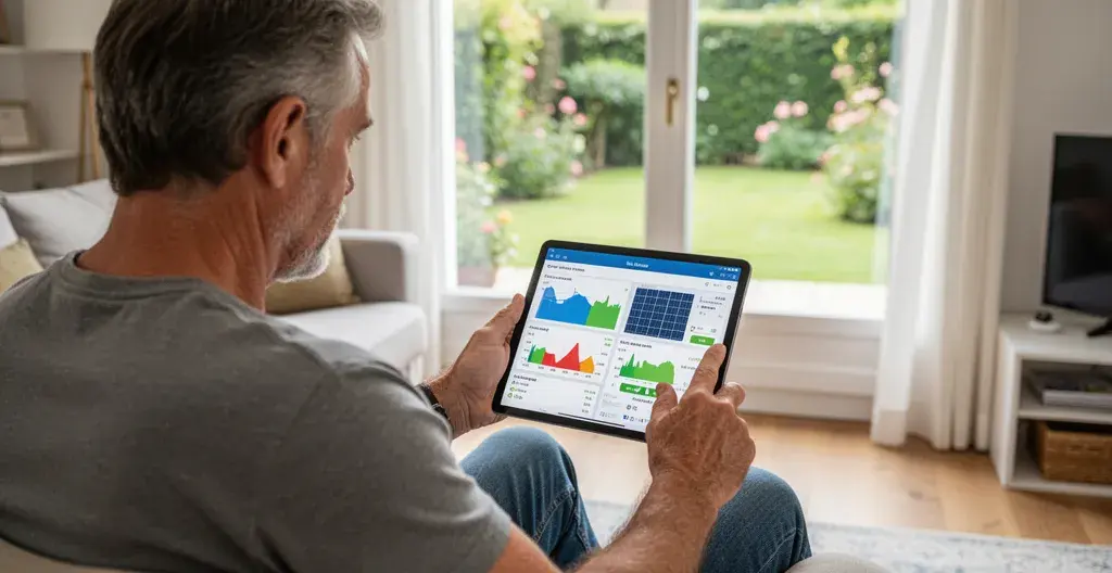 Propriétaire consultant l'application de suivi production solaire sur tablette