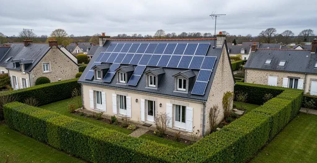 Vue aérienne d'une installation photovoltaïque complète sur maison du Nord de la France