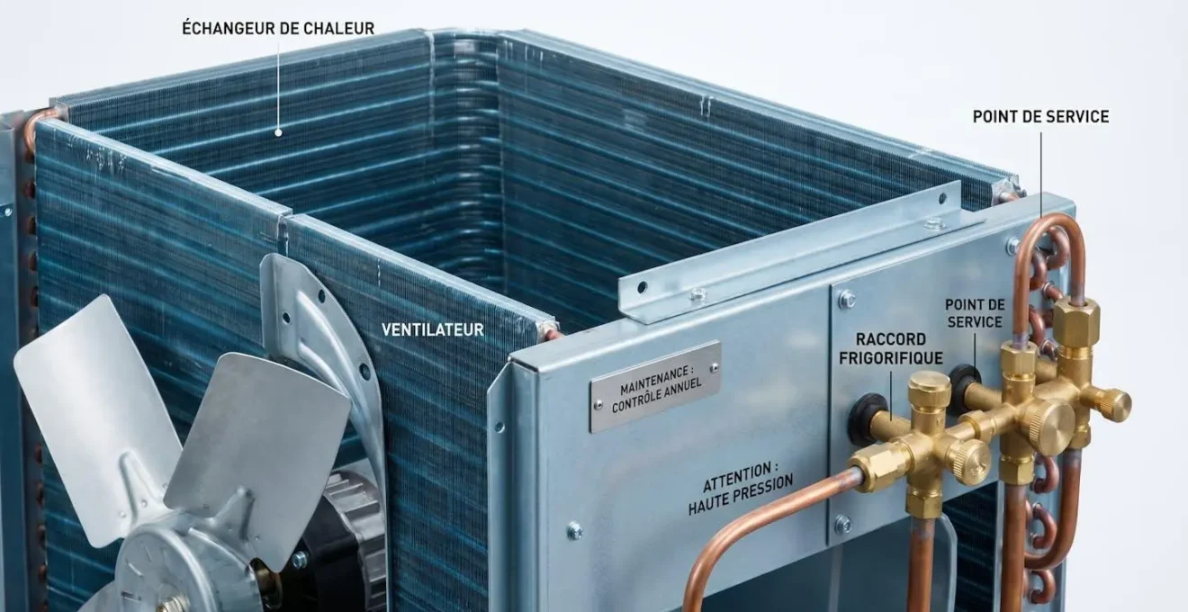 Gros plan technique sur les ailettes d'échangeur et le ventilateur d'une unité extérieure de pompe à chaleur montrant les zones de maintenance