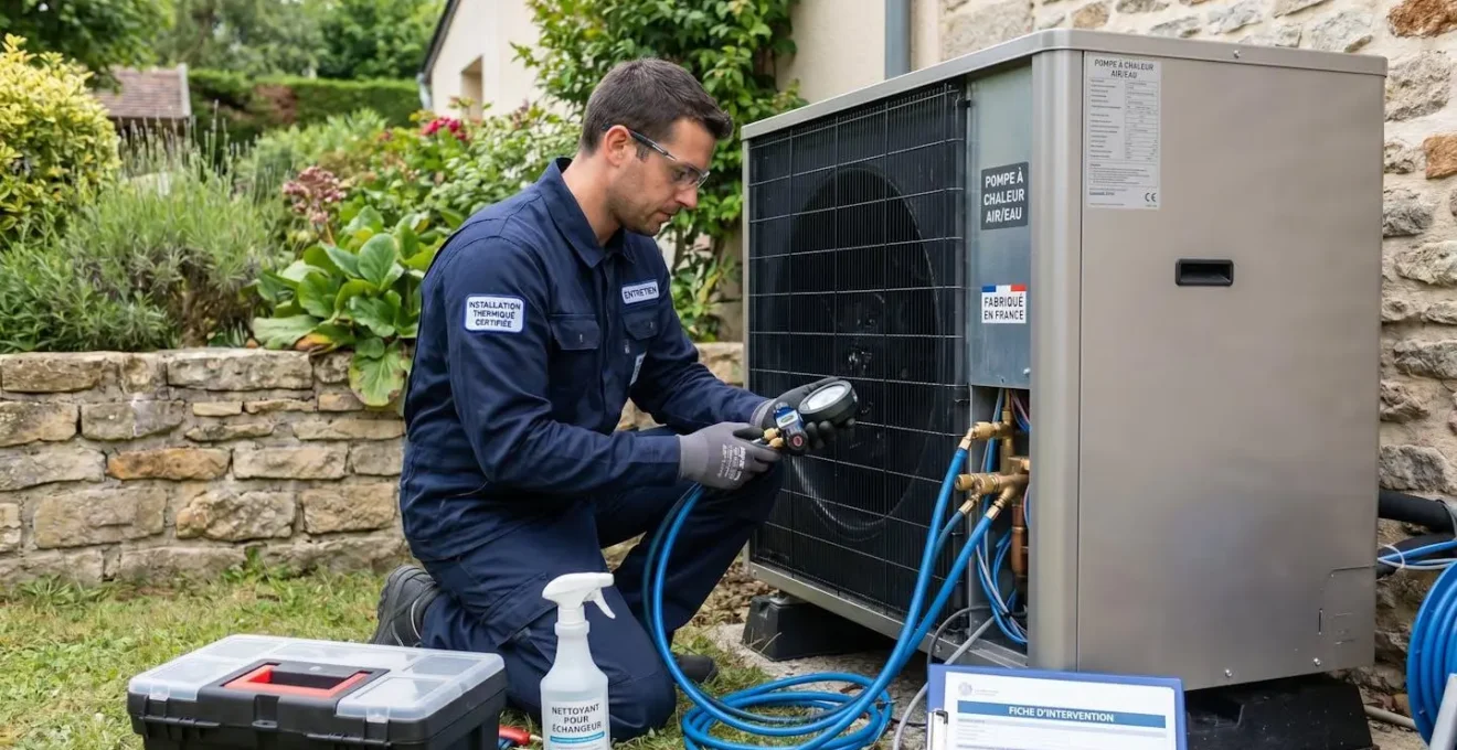 Technicien en combinaison professionnelle effectuant la maintenance d'une pompe à chaleur air-eau dans un jardin résidentiel avec outils et équipements de contrôle visibles