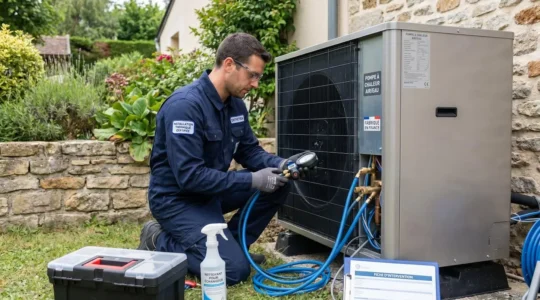 Technicien en combinaison professionnelle effectuant la maintenance d'une pompe à chaleur air-eau dans un jardin résidentiel avec outils et équipements de contrôle visibles