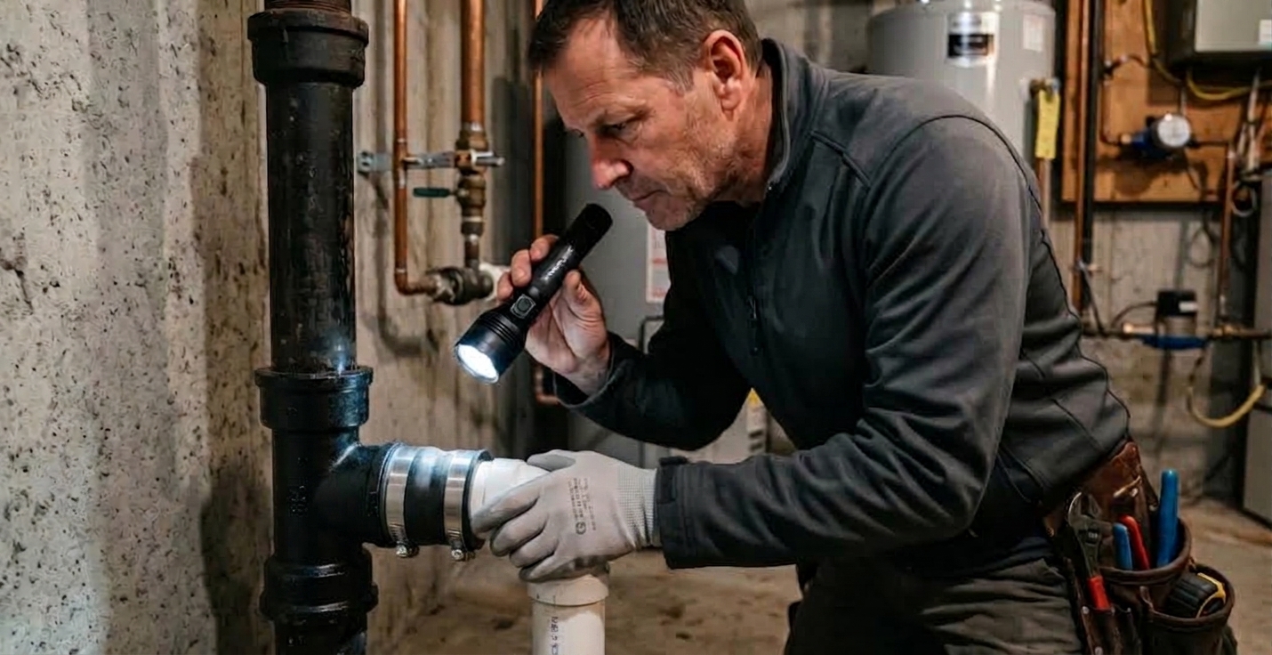 Plombier inspectant un point d'accès de canalisation d'égout dans un sous-sol résidentiel pour détecter les signes précurseurs