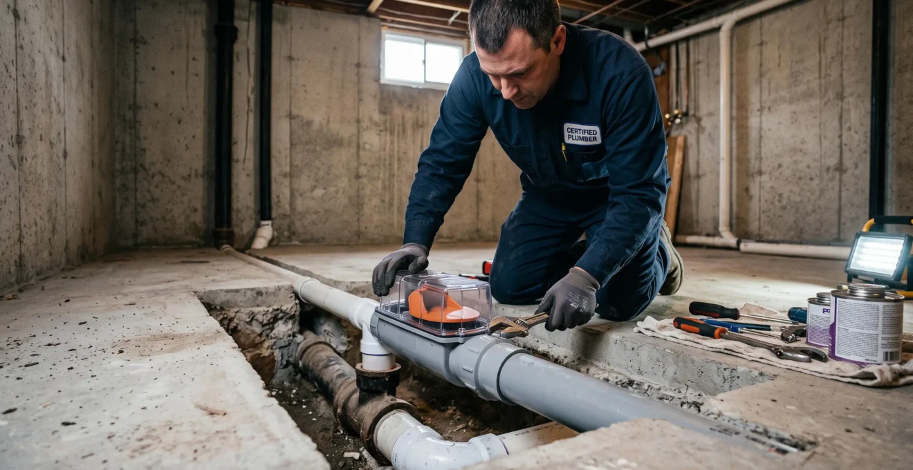 Installation professionnelle d'un clapet anti-retour sur une canalisation d'égout résidentielle pour prévenir les refoulements